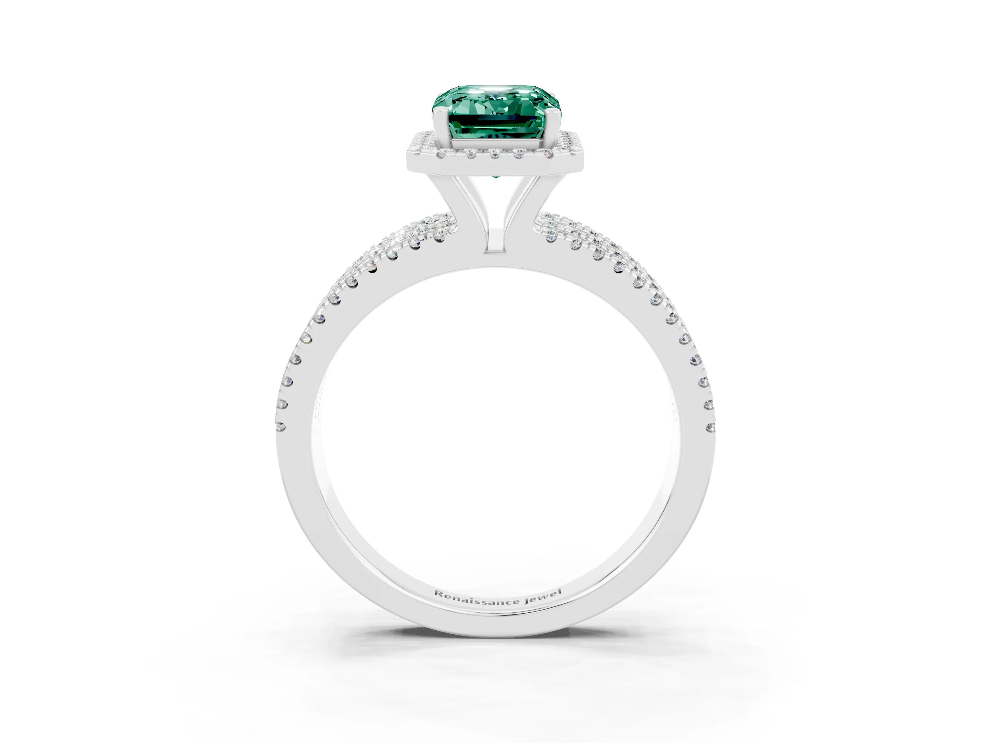 White gold {shape_name} Green Sapphire Halo Engagement Ring with Split Shank and Four-Prong Setting_15