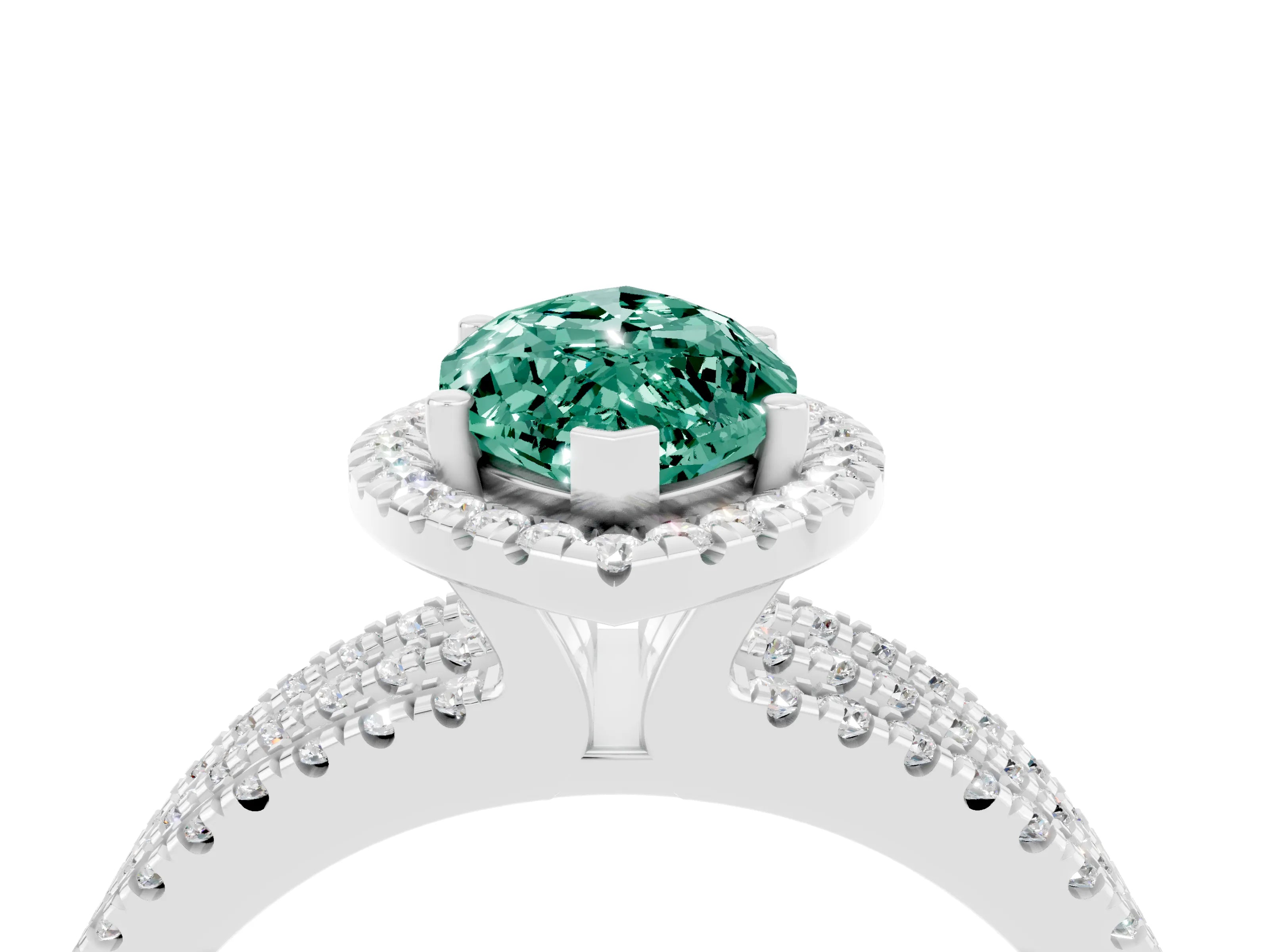 White gold {shape_name} Green Sapphire Halo Engagement Ring with Split Shank and Four-Prong Setting_16