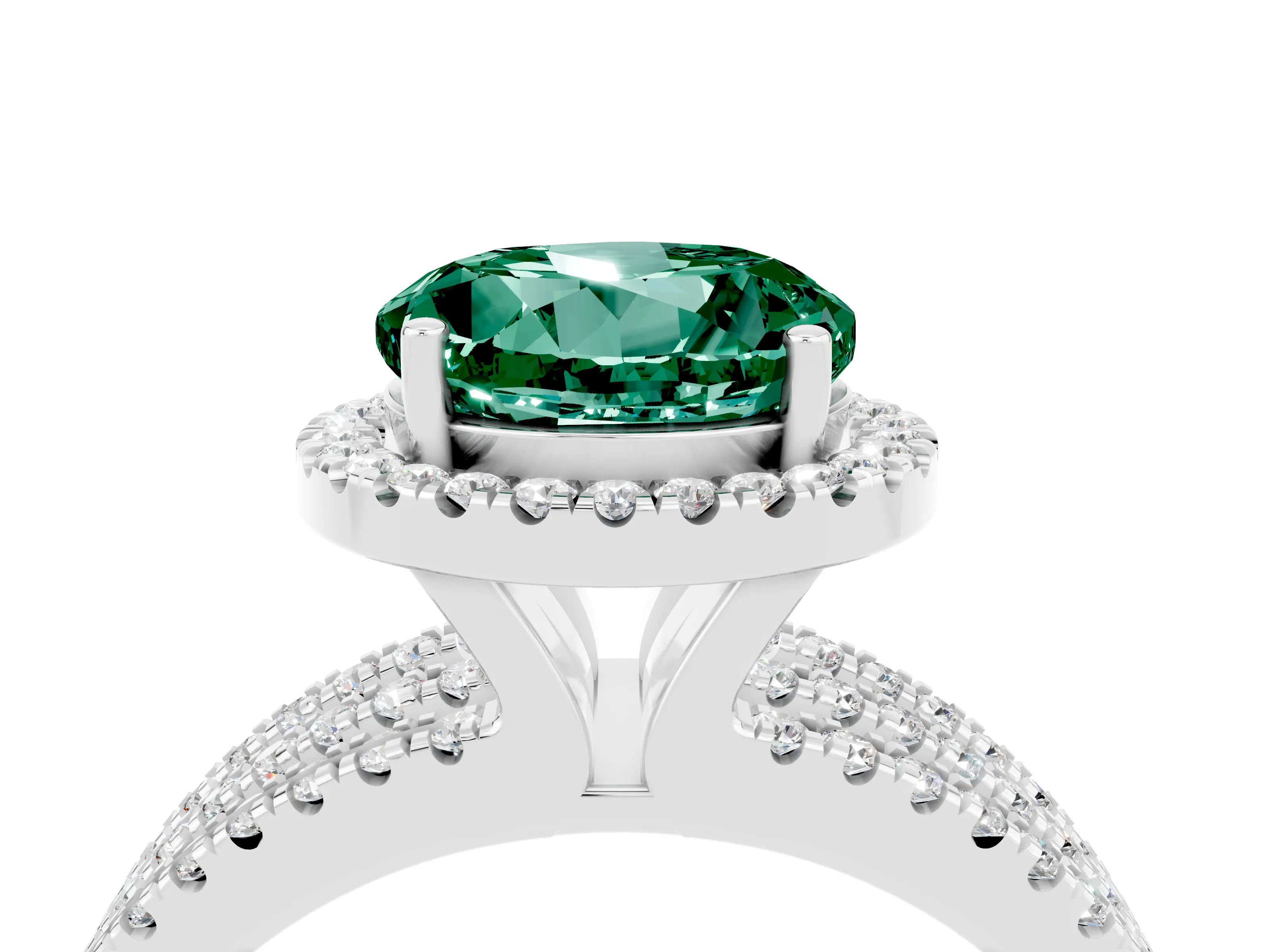 White gold {shape_name} Green Sapphire Halo Engagement Ring with Split Shank and Four-Prong Setting_16