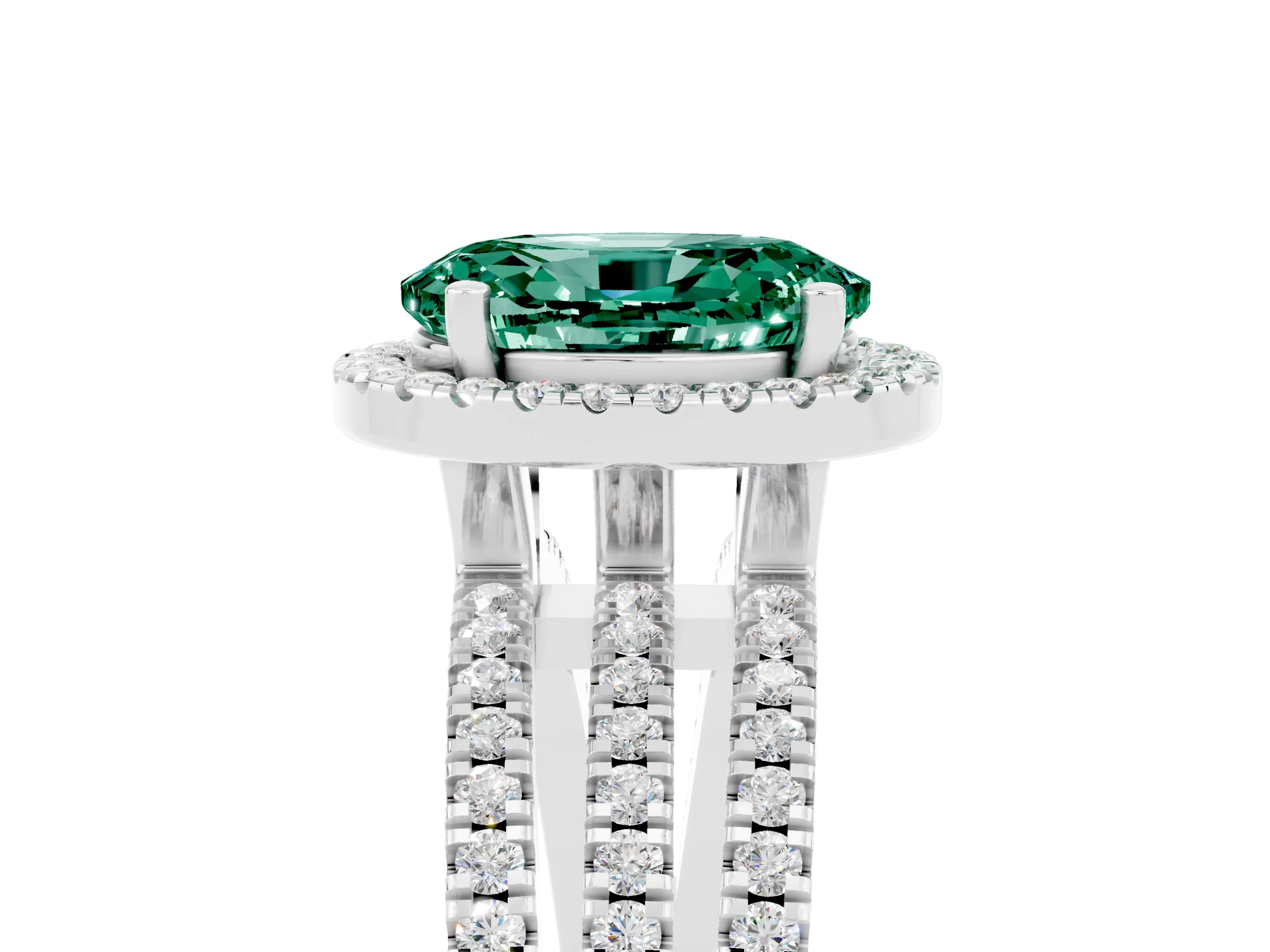 White gold {shape_name} Green Sapphire Halo Engagement Ring with Split Shank and Four-Prong Setting_17