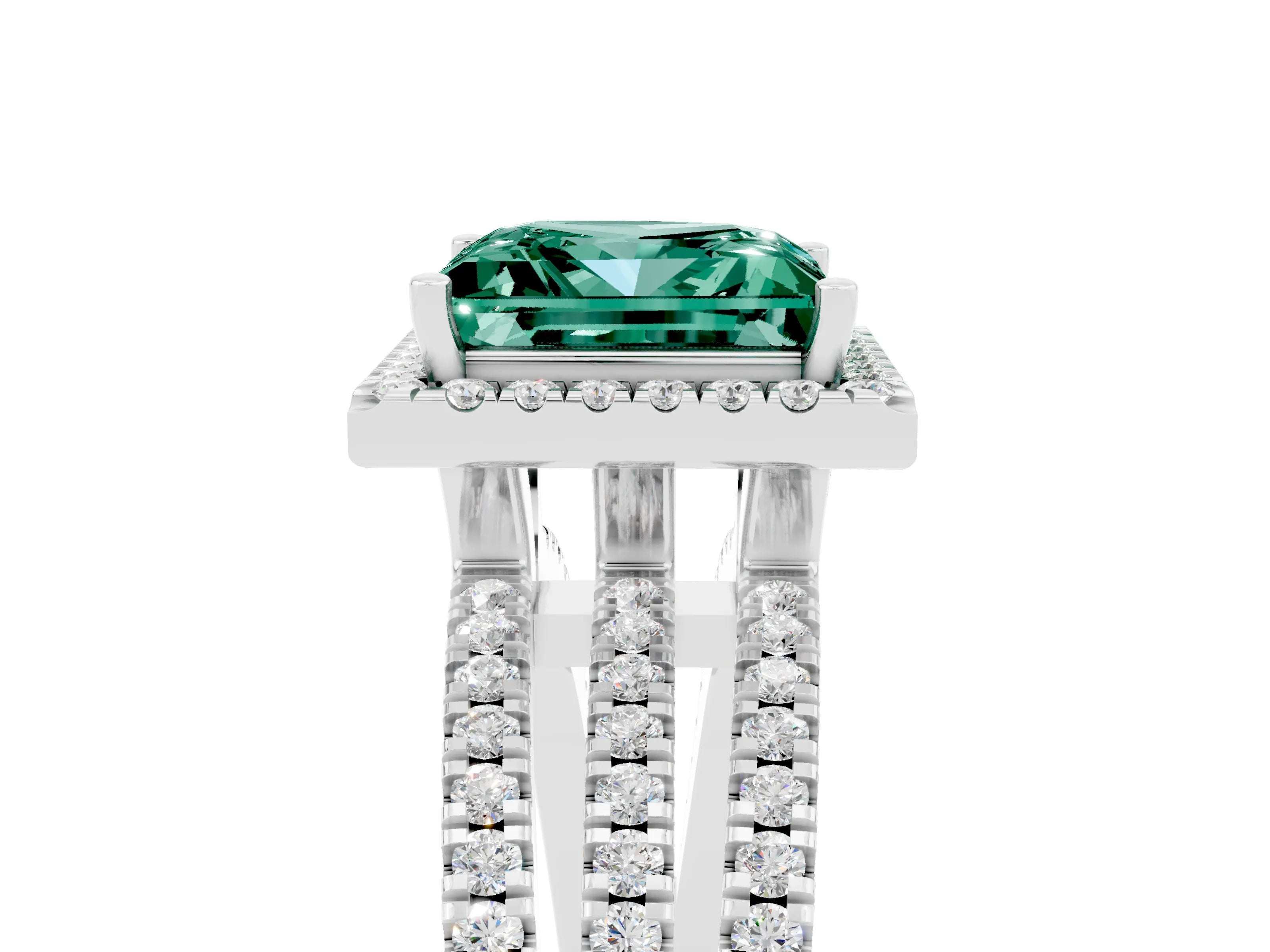 White gold {shape_name} Green Sapphire Halo Engagement Ring with Split Shank and Four-Prong Setting_17
