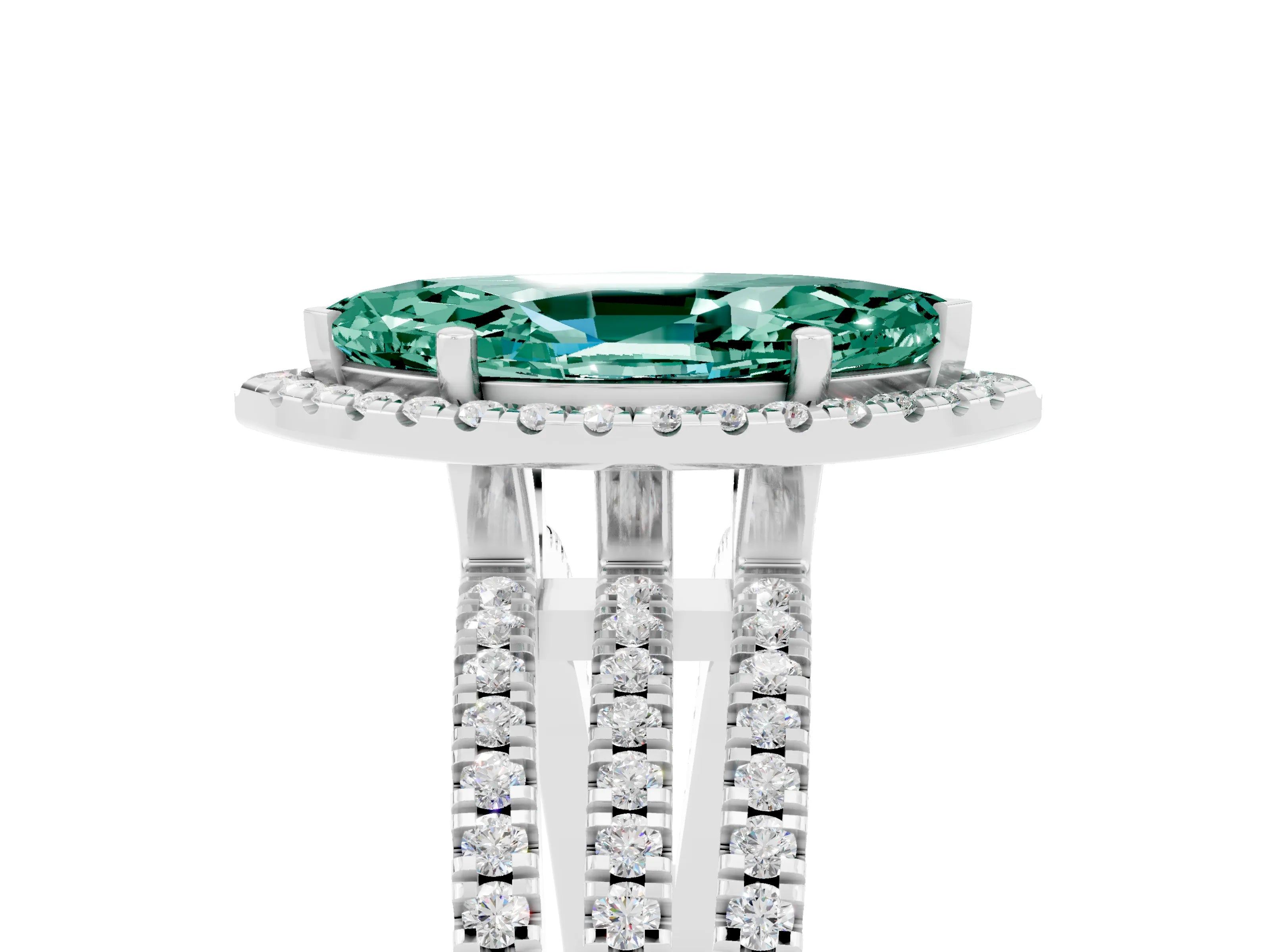 White gold {shape_name} Green Sapphire Halo Engagement Ring with Split Shank and Four-Prong Setting_17