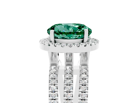 White gold {shape_name} Green Sapphire Halo Engagement Ring with Split Shank and Four-Prong Setting_17
