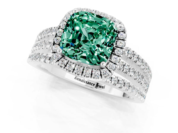 Silver Cushion Cut Green Sapphire Halo Engagement Ring with Split Shank and Four-Prong Setting