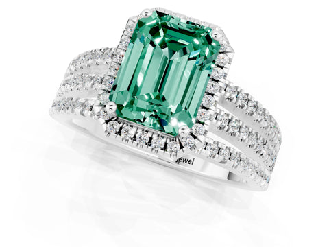 White gold {shape_name} Green Sapphire Halo Engagement Ring with Split Shank and Four-Prong Setting_1