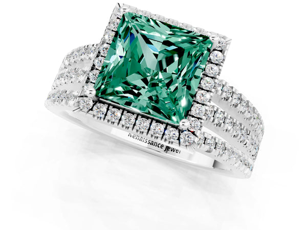 Silver Princess Cut Green Sapphire Halo Engagement Ring with Split Shank and Four-Prong Setting