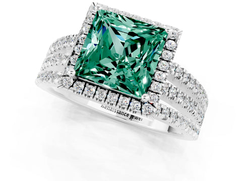 White gold {shape_name} Green Sapphire Halo Engagement Ring with Split Shank and Four-Prong Setting_1