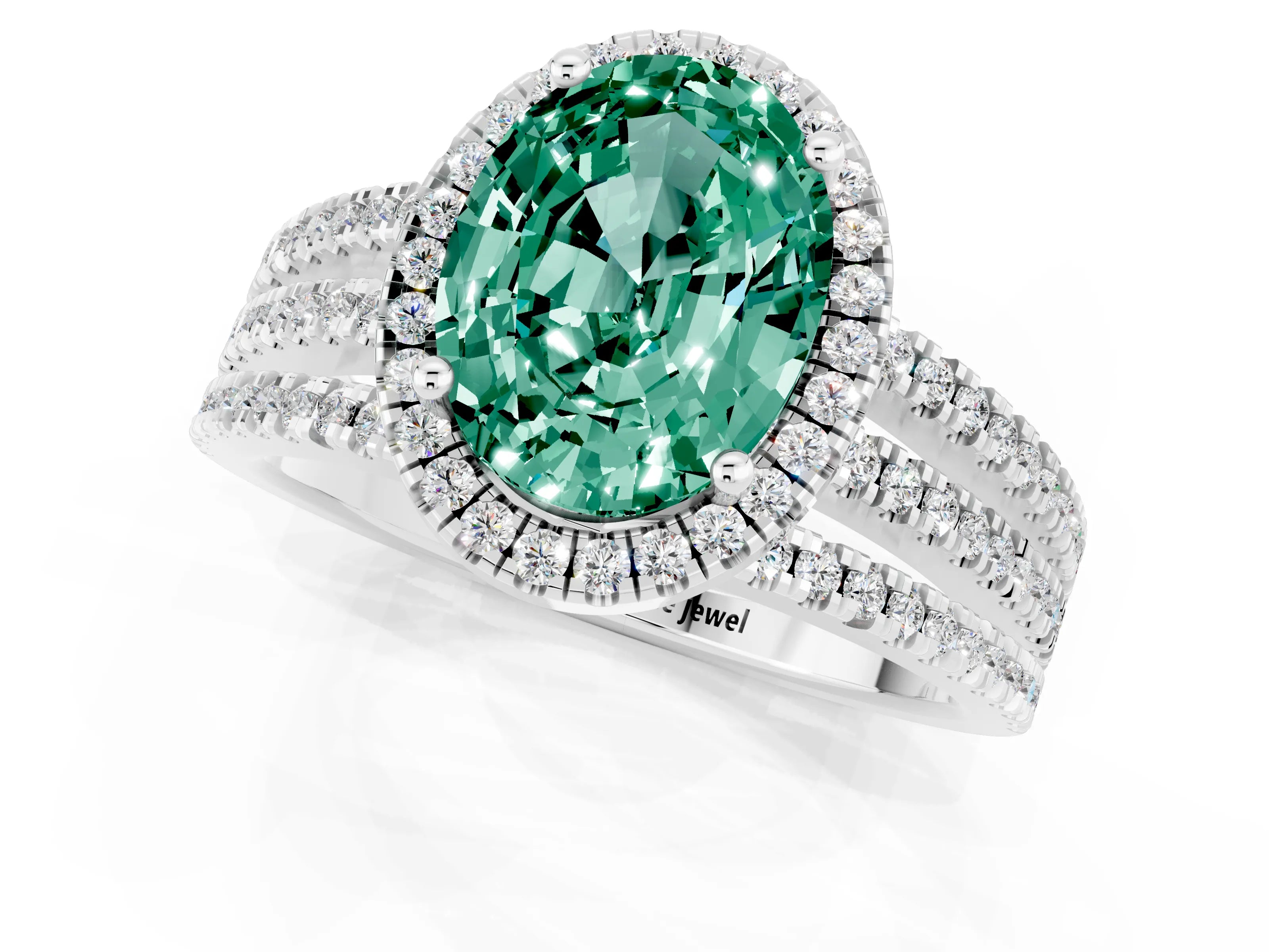 White gold {shape_name} Green Sapphire Halo Engagement Ring with Split Shank and Four-Prong Setting_1