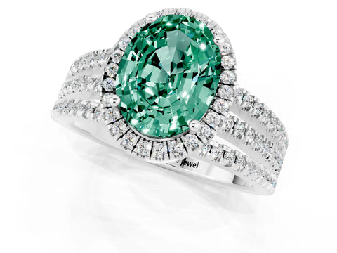 White gold {shape_name} Green Sapphire Halo Engagement Ring with Split Shank and Four-Prong Setting_1
