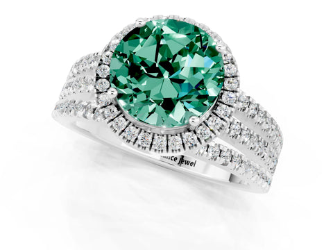White gold {shape_name} Green Sapphire Halo Engagement Ring with Split Shank and Four-Prong Setting_1