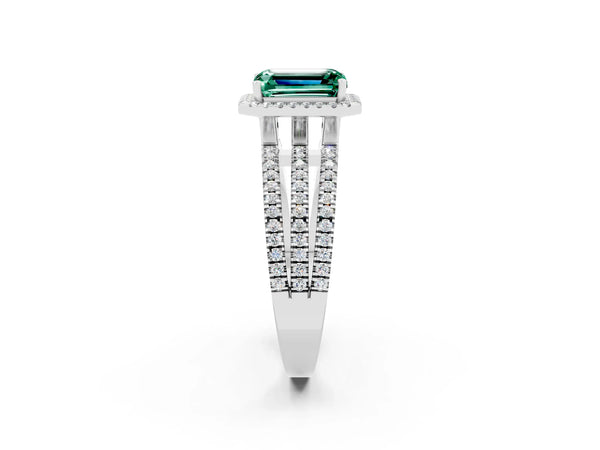 Platinum Emerald Cut Green Sapphire Halo Engagement Ring with Split Shank and Four-Prong Setting