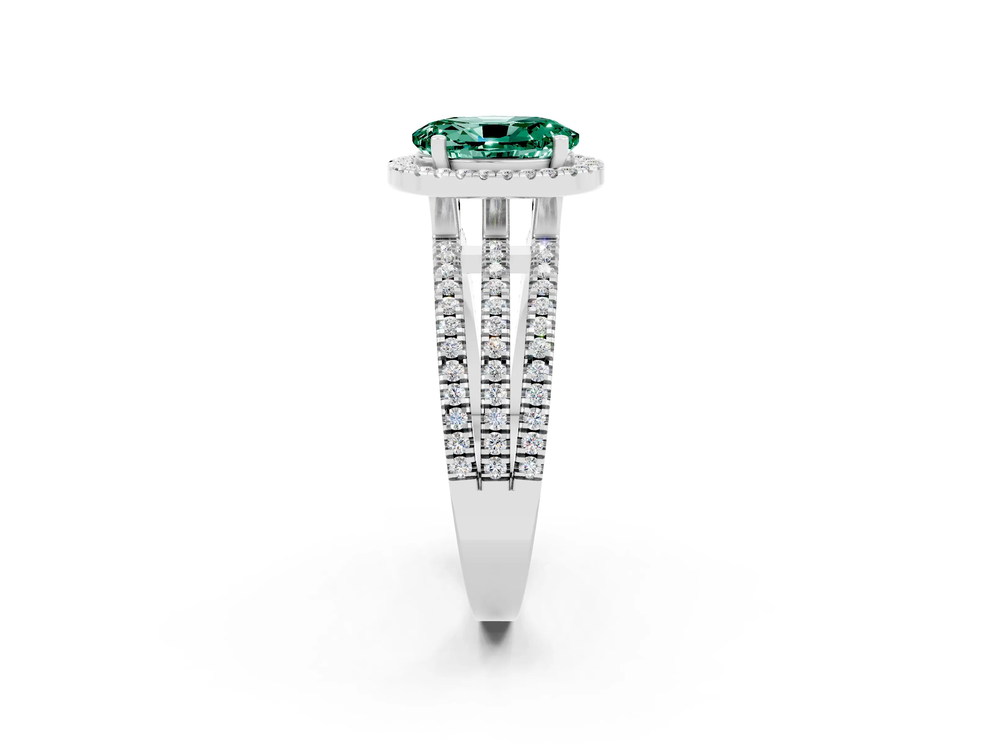 White gold {shape_name} Green Sapphire Halo Engagement Ring with Split Shank and Four-Prong Setting_2