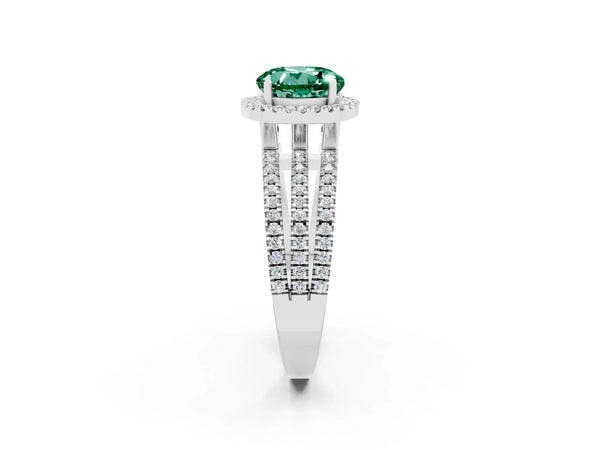 Platinum Round Cut Green Sapphire Halo Engagement Ring with Split Shank and Four-Prong Setting