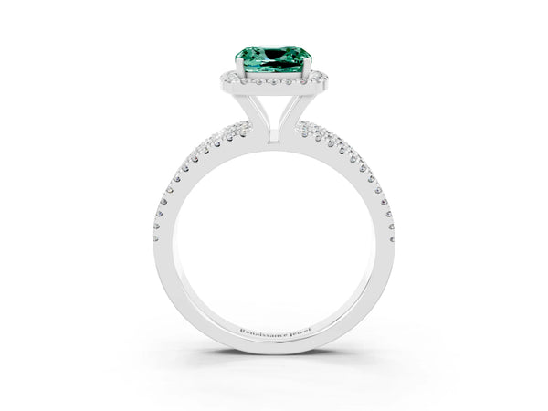 Silver Cushion Cut Green Sapphire Halo Engagement Ring with Split Shank and Four-Prong Setting