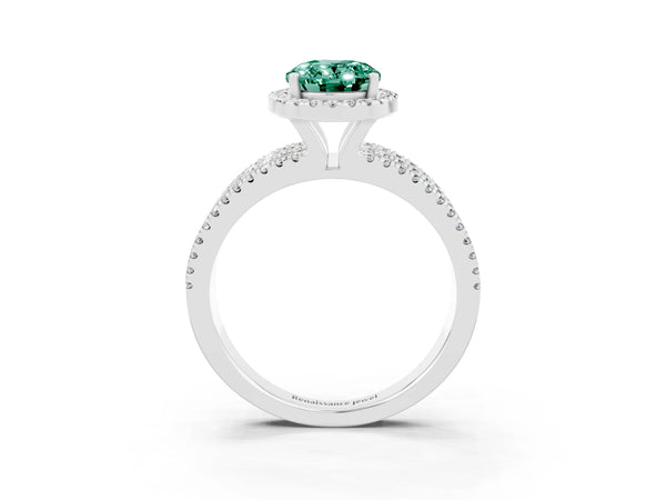 Platinum Oval Cut Green Sapphire Halo Engagement Ring with Split Shank and Four-Prong Setting