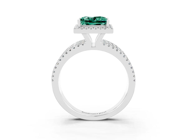 Platinum Princess Cut Green Sapphire Halo Engagement Ring with Split Shank and Four-Prong Setting