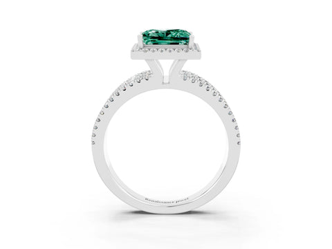 White gold {shape_name} Green Sapphire Halo Engagement Ring with Split Shank and Four-Prong Setting_3