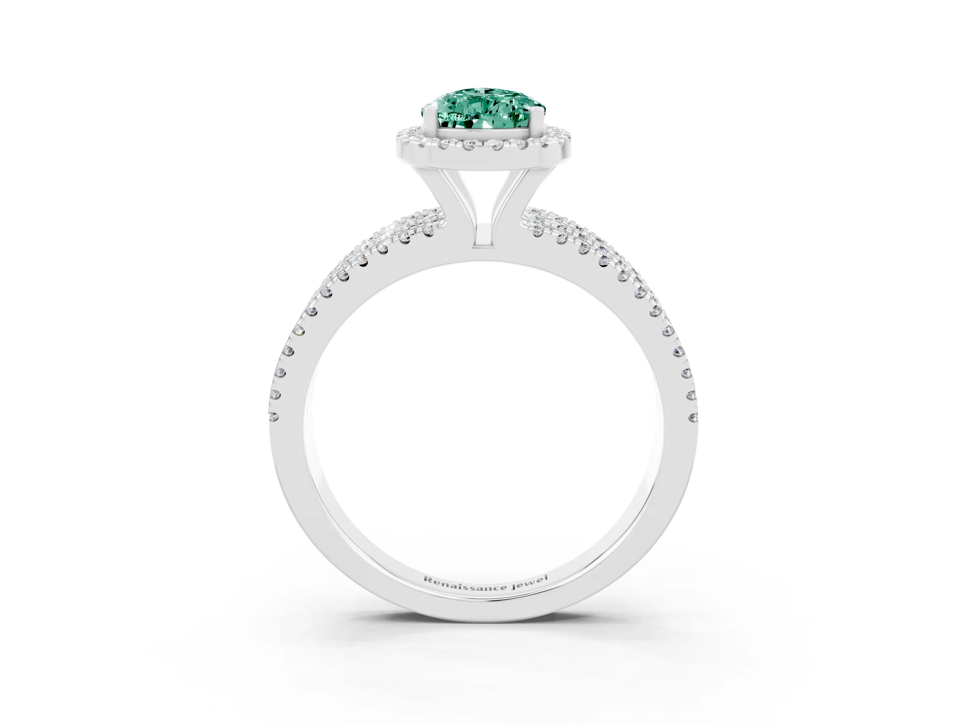 White gold {shape_name} Green Sapphire Halo Engagement Ring with Split Shank and Four-Prong Setting_3