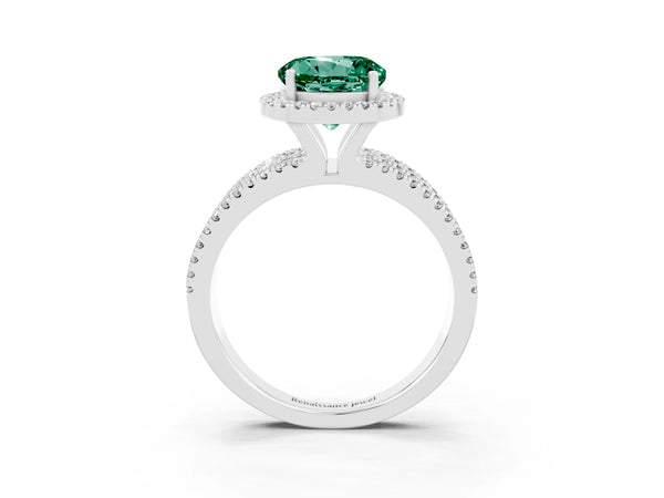 Silver Round Cut Green Sapphire Halo Engagement Ring with Split Shank and Four-Prong Setting