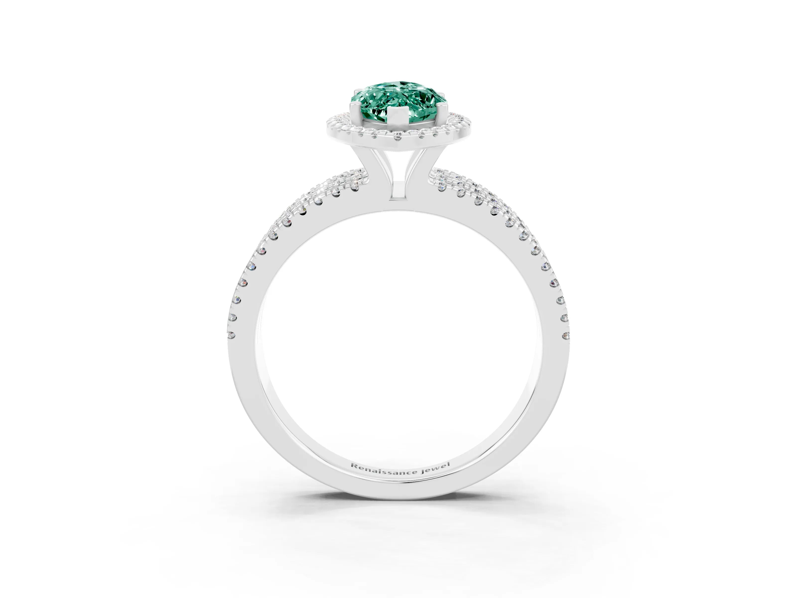 White gold {shape_name} Green Sapphire Halo Engagement Ring with Split Shank and Four-Prong Setting_3