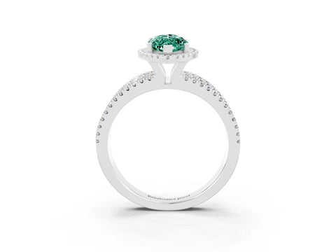 White gold {shape_name} Green Sapphire Halo Engagement Ring with Split Shank and Four-Prong Setting_3