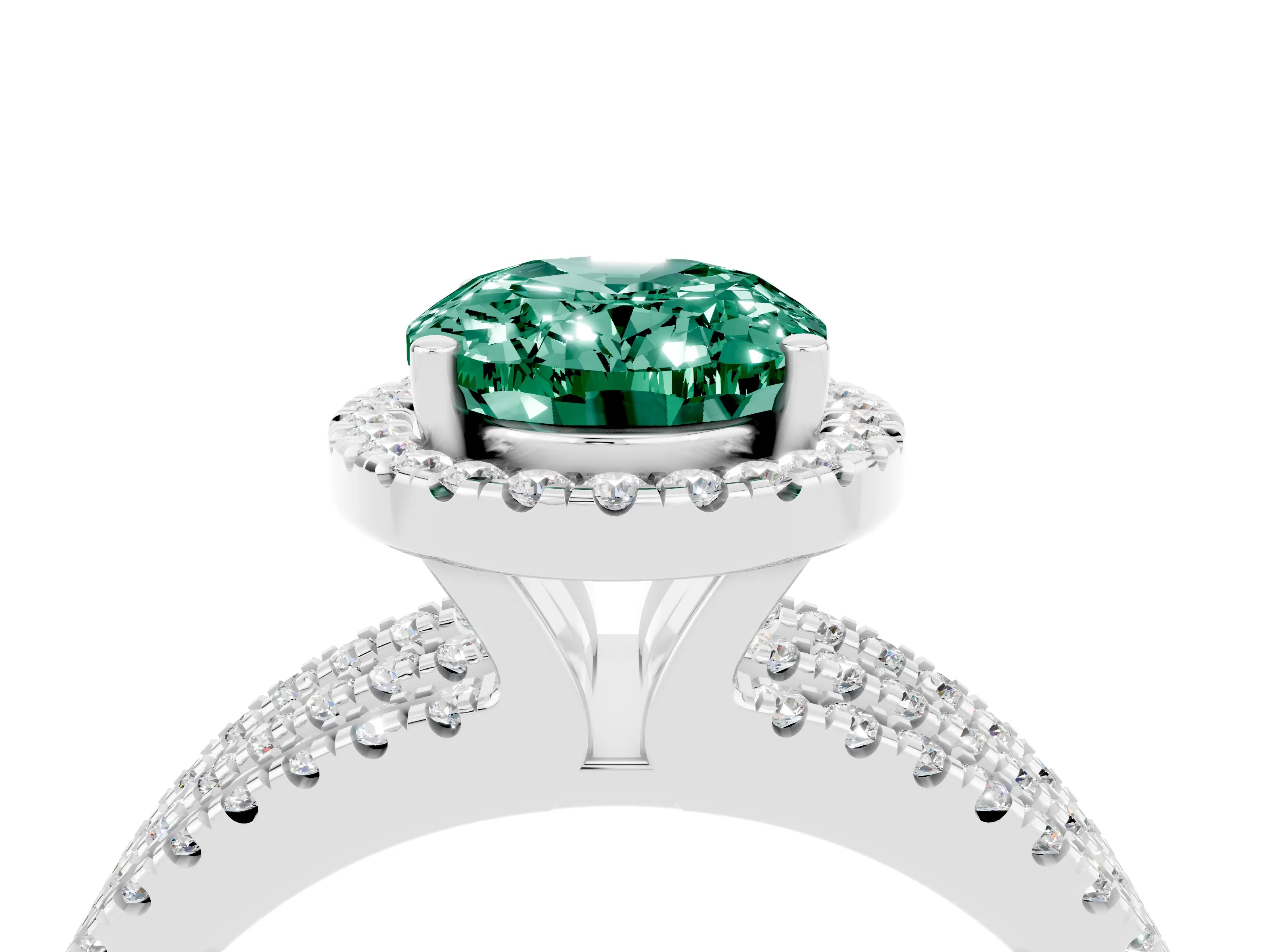 White gold {shape_name} Green Sapphire Halo Engagement Ring with Split Shank and Four-Prong Setting_4