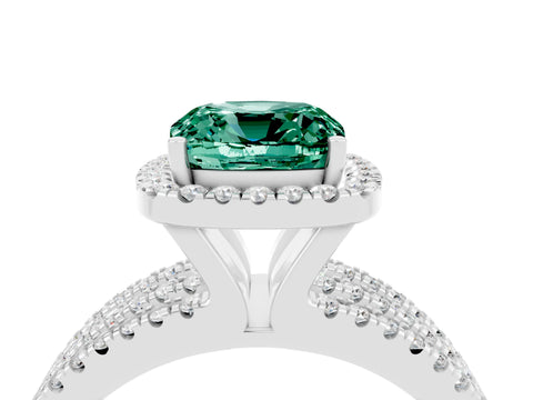 White gold {shape_name} Green Sapphire Halo Engagement Ring with Split Shank and Four-Prong Setting_4