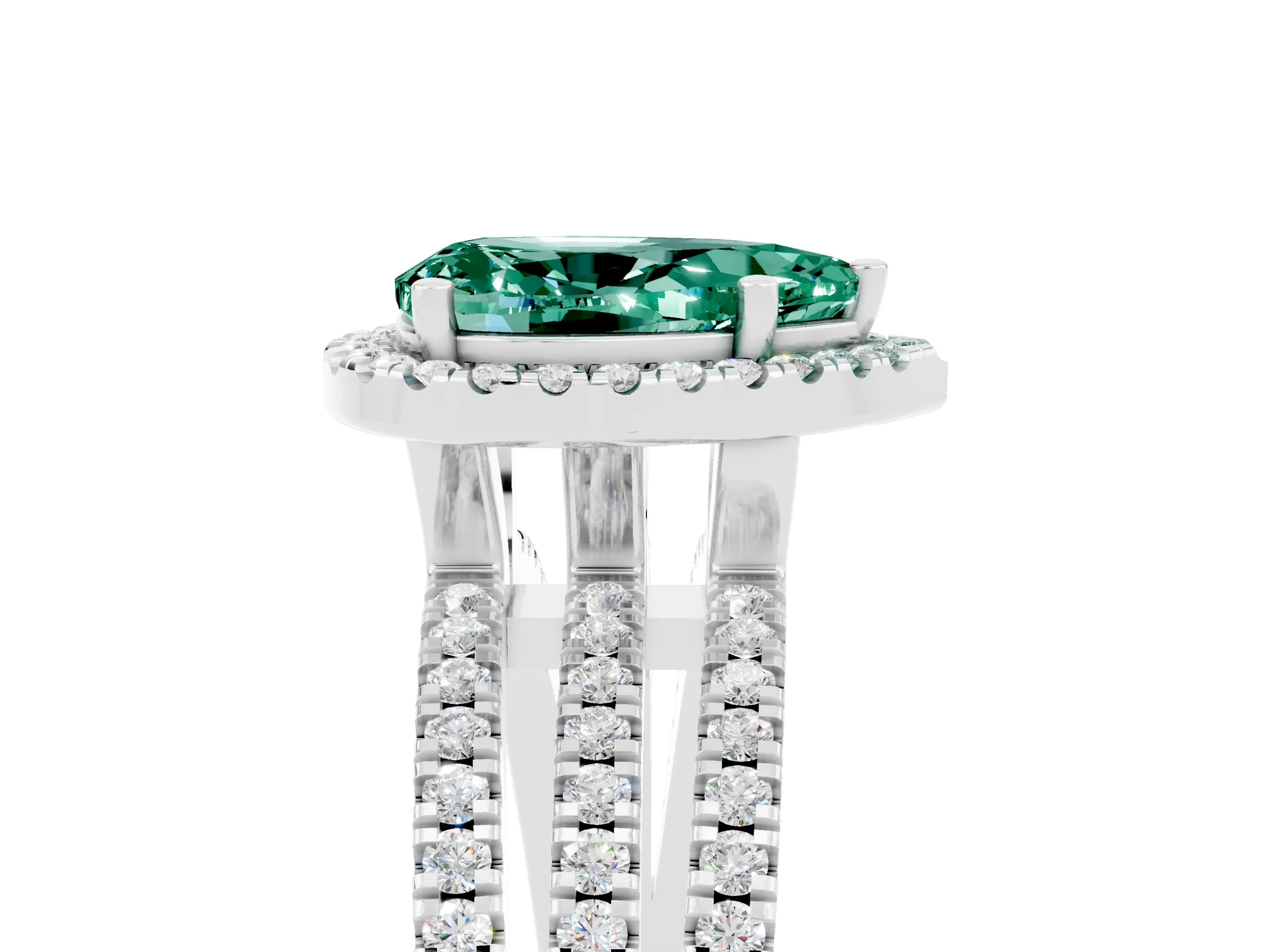 White gold {shape_name} Green Sapphire Halo Engagement Ring with Split Shank and Four-Prong Setting_5