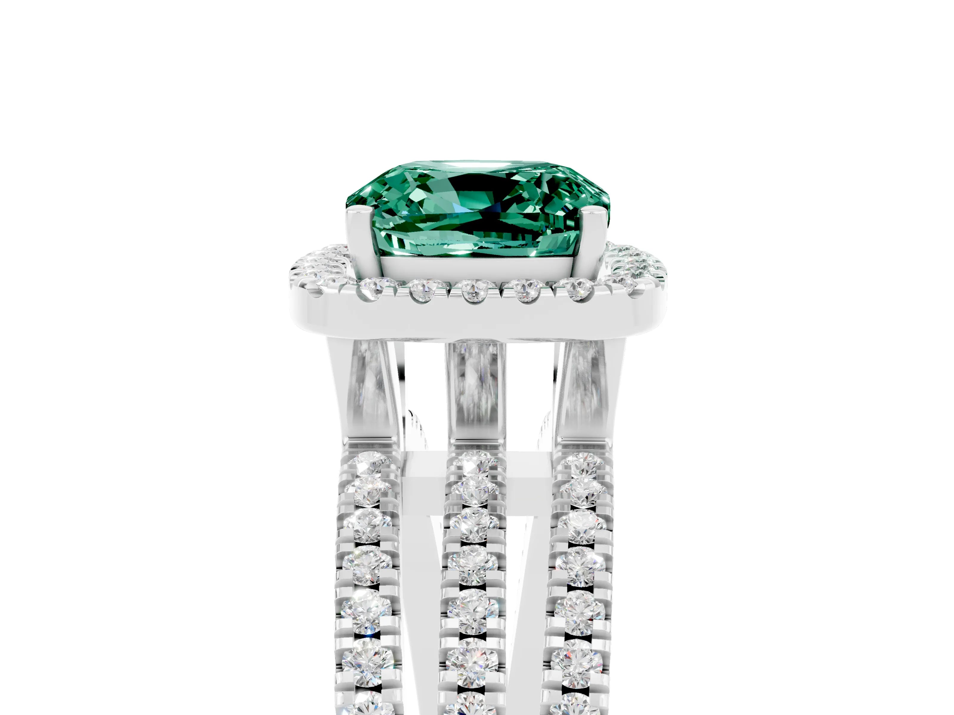 White gold {shape_name} Green Sapphire Halo Engagement Ring with Split Shank and Four-Prong Setting_5