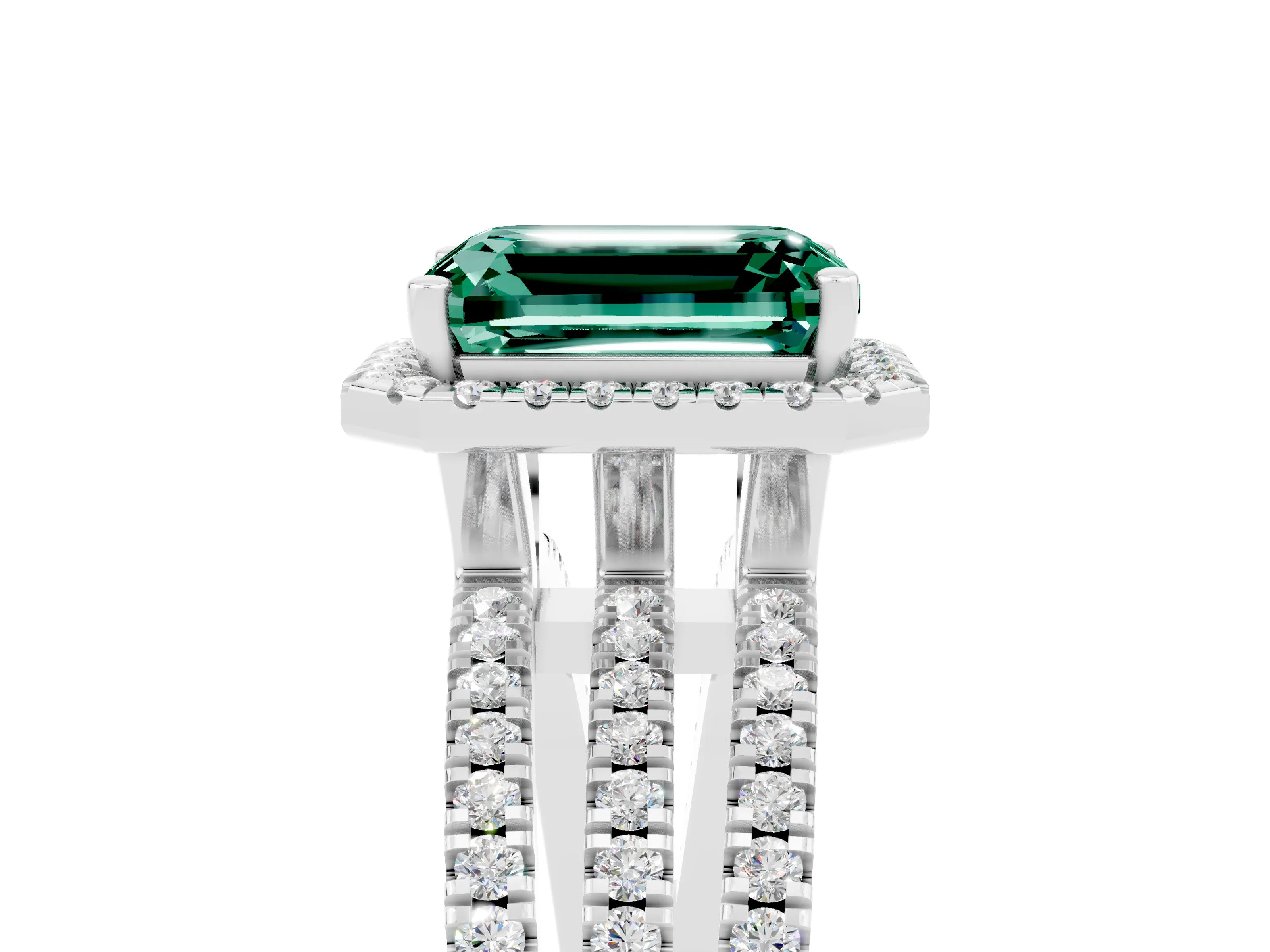 White gold {shape_name} Green Sapphire Halo Engagement Ring with Split Shank and Four-Prong Setting_5
