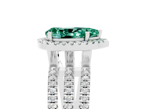 White gold {shape_name} Green Sapphire Halo Engagement Ring with Split Shank and Four-Prong Setting_5
