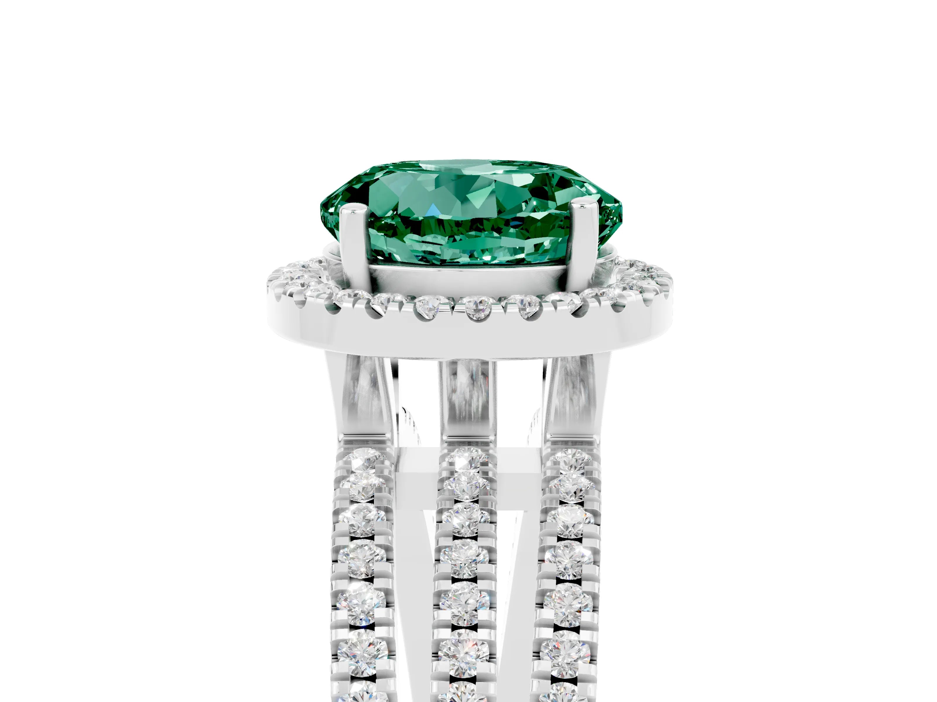 White gold {shape_name} Green Sapphire Halo Engagement Ring with Split Shank and Four-Prong Setting_5