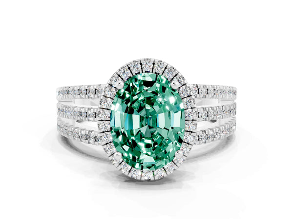 Silver Oval Cut Green Sapphire Halo Engagement Ring with Split Shank and Four-Prong Setting