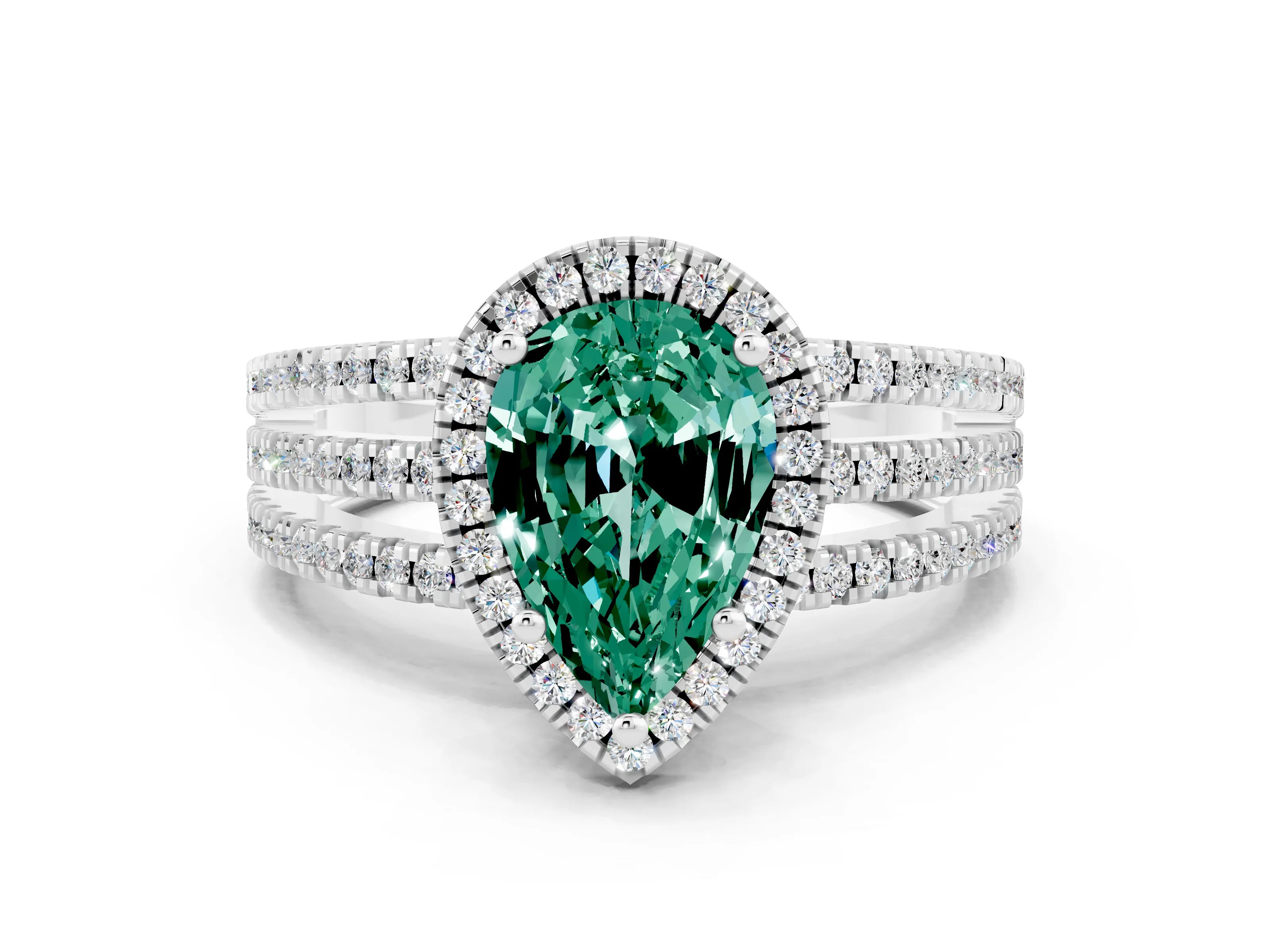 White gold {shape_name} Green Sapphire Halo Engagement Ring with Split Shank and Four-Prong Setting