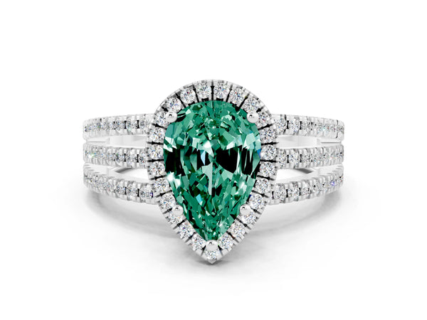 Silver Pear Cut Green Sapphire Halo Engagement Ring with Split Shank and Four-Prong Setting