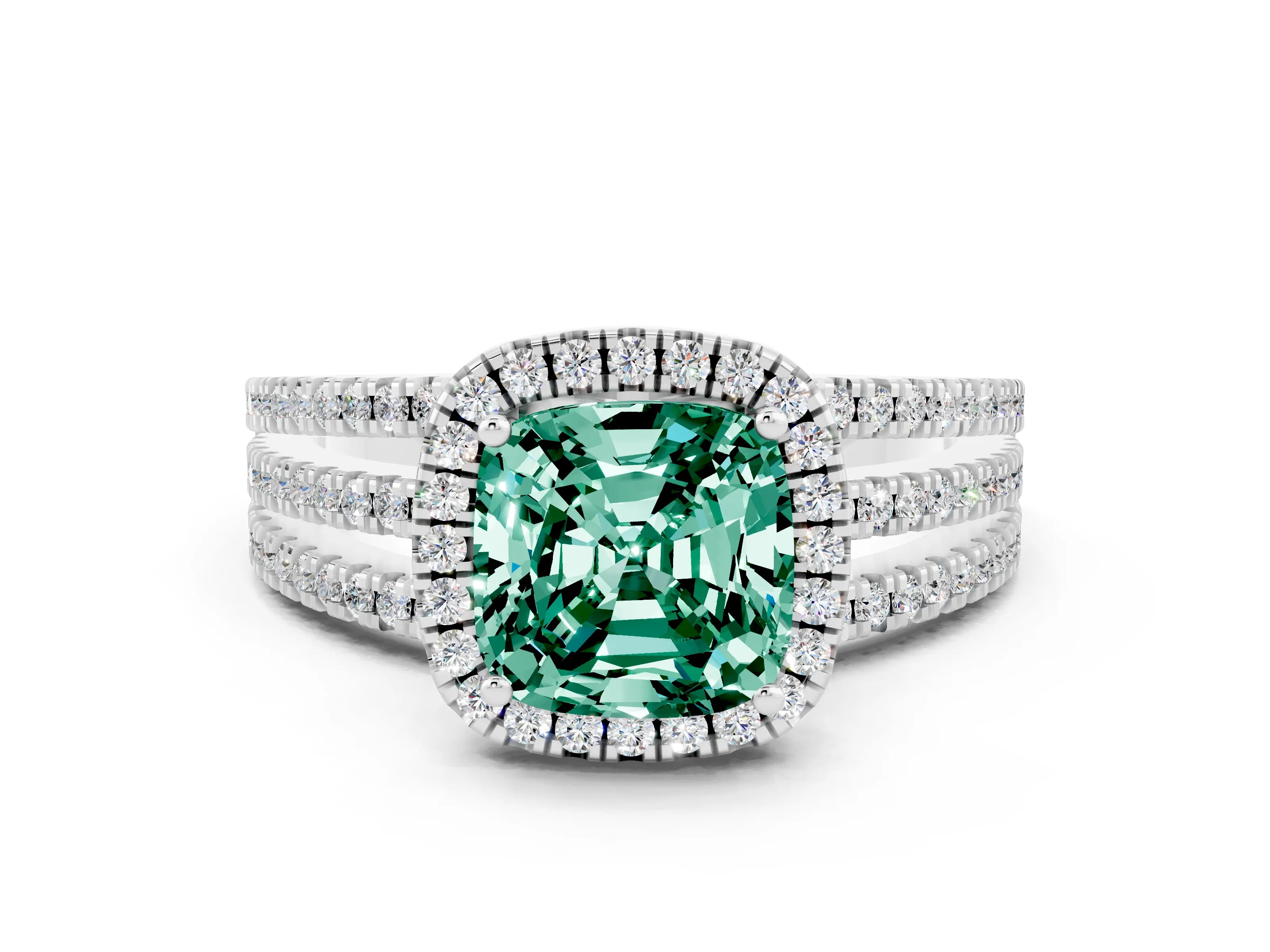White gold {shape_name} Green Sapphire Halo Engagement Ring with Split Shank and Four-Prong Setting
