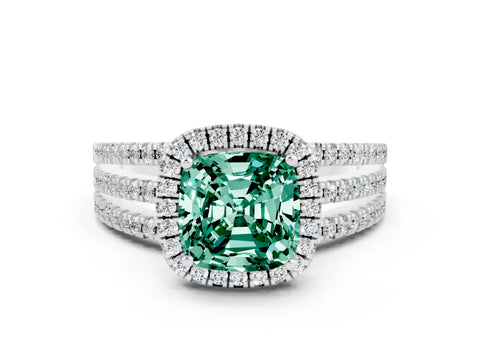White gold {shape_name} Green Sapphire Halo Engagement Ring with Split Shank and Four-Prong Setting