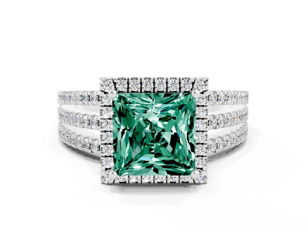 Platinum Princess Cut Green Sapphire Halo Engagement Ring with Split Shank and Four-Prong Setting