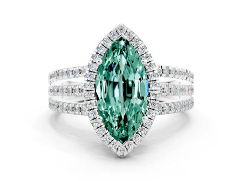 White gold {shape_name} Green Sapphire Halo Engagement Ring with Split Shank and Four-Prong Setting