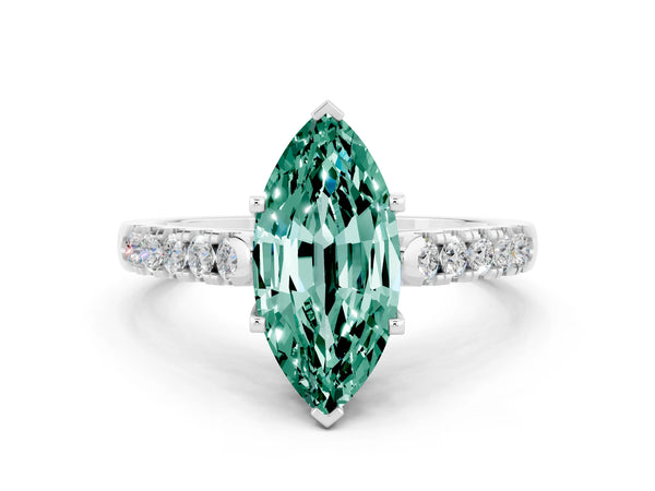 Platinum Marquise Cut Green Sapphire Pavé Band Solitaire Ring with Prong Setting