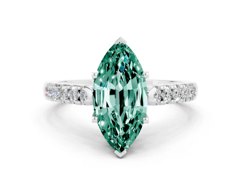 White gold {shape_name} Green Sapphire Solitaire Ring with Pavé Band and Four-Prong Setting