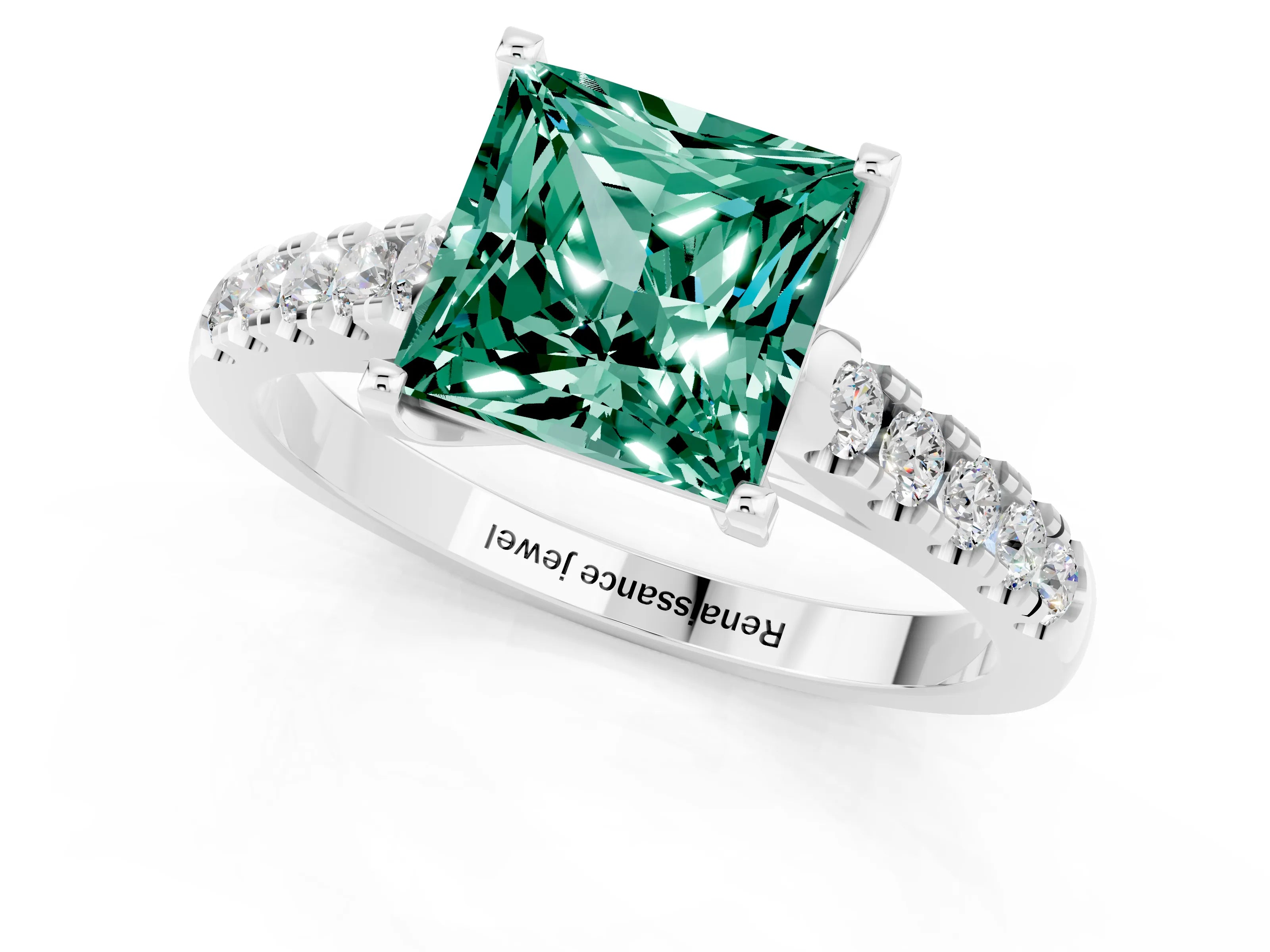 White gold {shape_name} Green Sapphire Solitaire Ring with Pavé Band and Four-Prong Setting_1