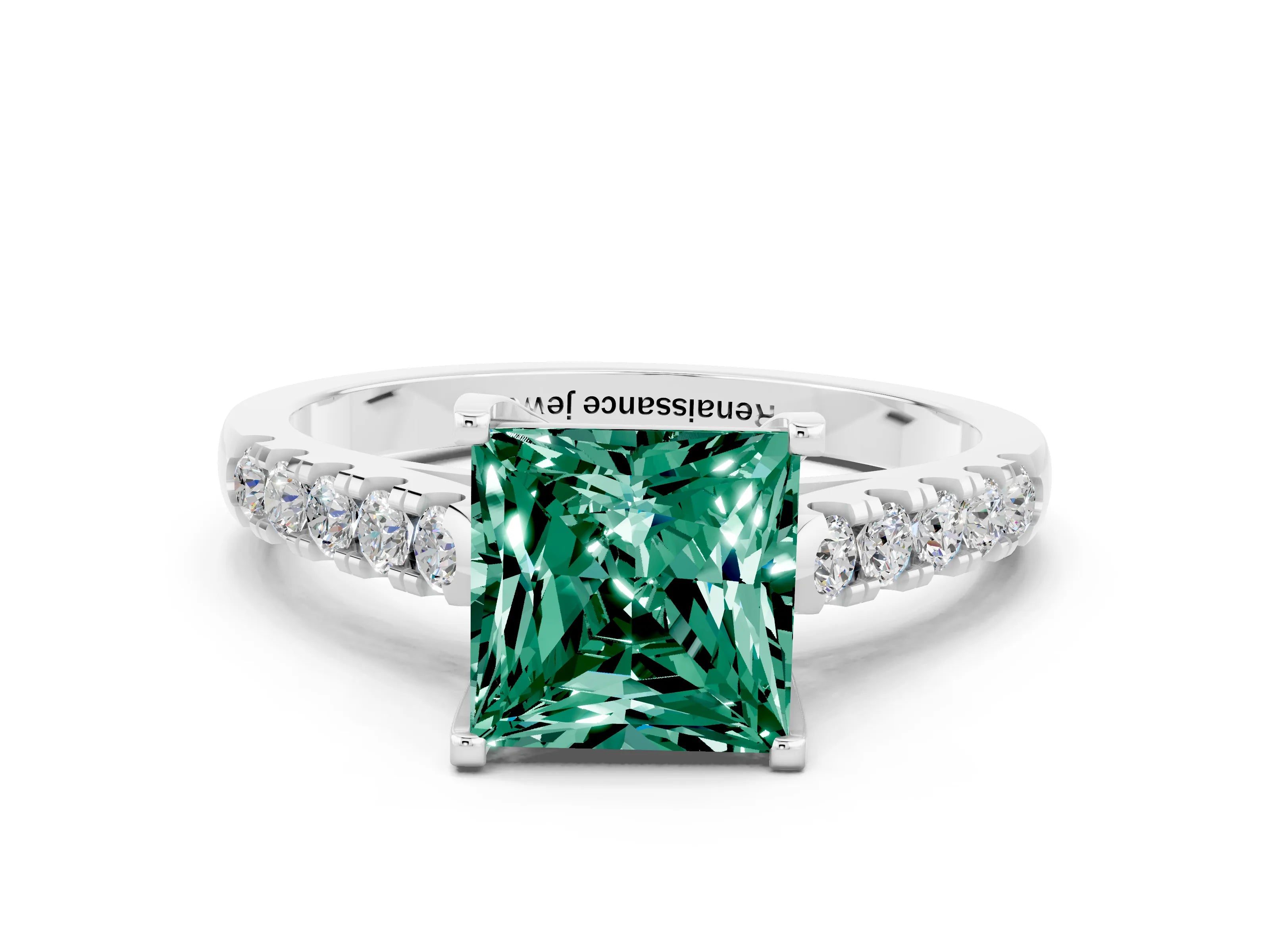 White gold {shape_name} Green Sapphire Solitaire Ring with Pavé Band and Four-Prong Setting_12
