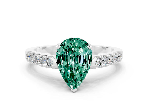 White gold Pear Cut Green Sapphire Pavé Band Solitaire Ring with Prong Setting