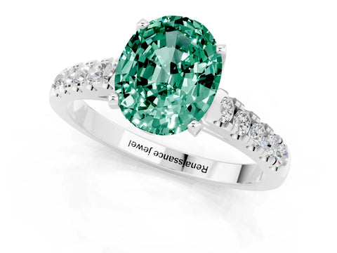 White gold {shape_name} Green Sapphire Solitaire Ring with Pavé Band and Four-Prong Setting_13