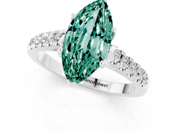 White gold Marquise Cut Green Sapphire Pavé Band Solitaire Ring with Prong Setting