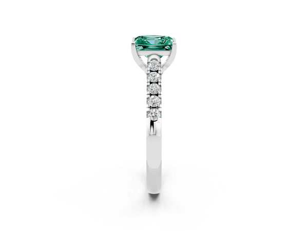 White gold Princess Cut Green Sapphire Pavé Band Solitaire Ring with Prong Setting