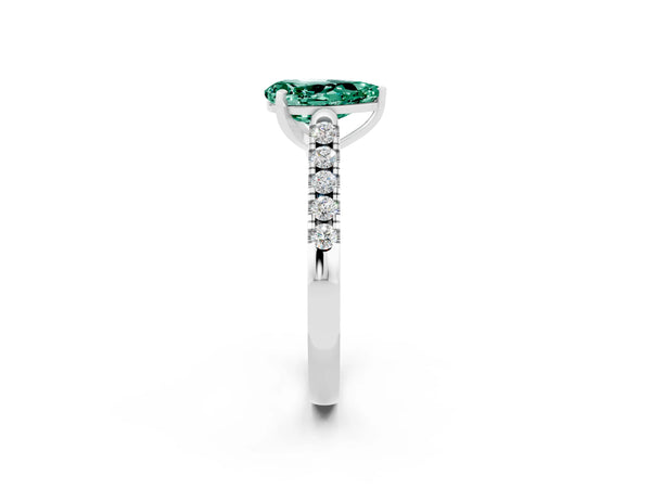 White gold Pear Cut Green Sapphire Pavé Band Solitaire Ring with Prong Setting