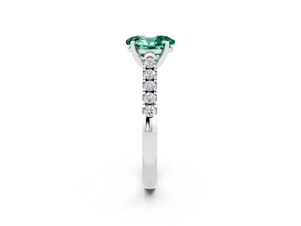 White gold Oval Cut Green Sapphire Pavé Band Solitaire Ring with Prong Setting