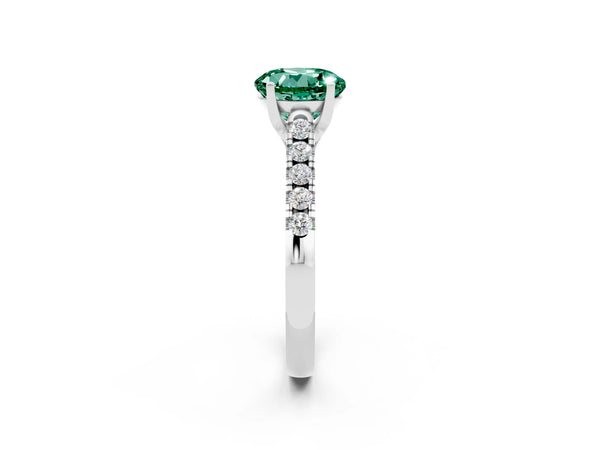 White gold Round Cut Green Sapphire Pavé Band Solitaire Ring with Prong Setting